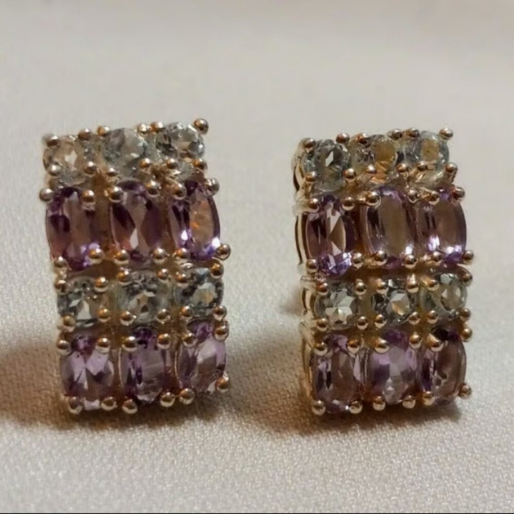 Gorgeous Vintage .925 Silver & Aquamarine & Amethyst Grid Baguette Earrings
